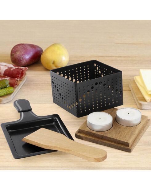 Raclette individuelle à la bougie bambou/noir/acier - 16.2x6.7x9.4 cm