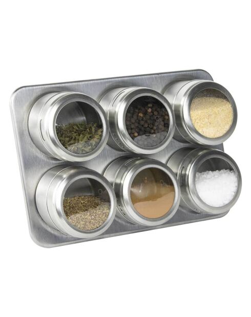 Support et 6 pots à epices aimanté gris - 15.5x17.5x18.5 cm
