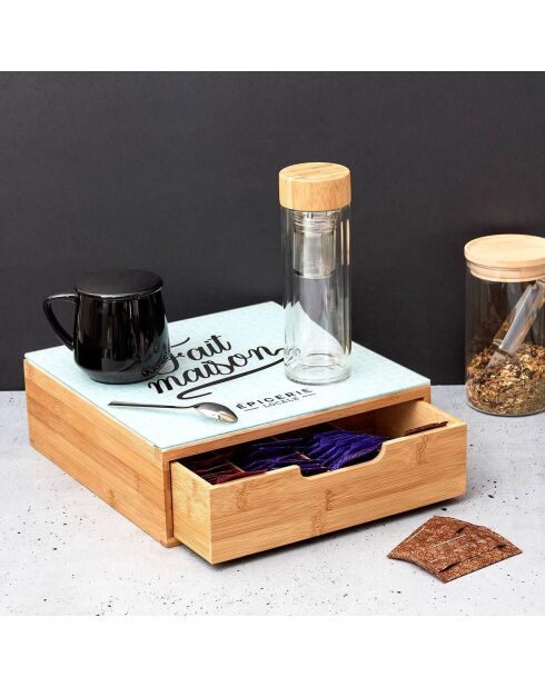 Porte-capsules tiroir bois et verre brooklyn marron/blanc - 10x30x30 cm