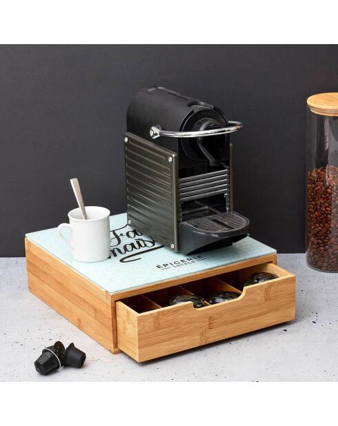 Porte-capsules tiroir bois et verre brooklyn marron/blanc - 10x30x30 cm