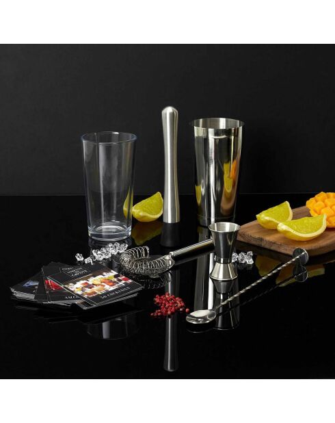 Set à cocktail 5 accessoires et 50 recettes argenté/transparent