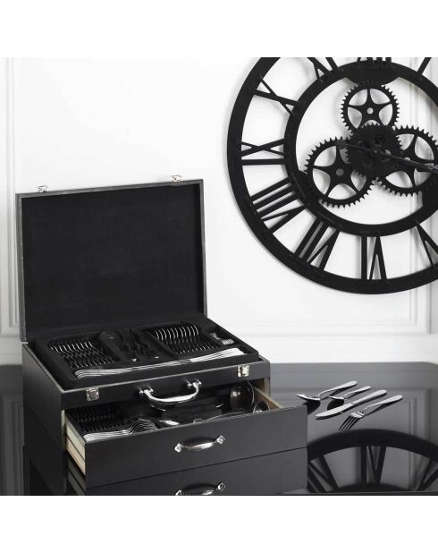 Ménagère avec coffret en bois & tiroir noire - 84 pièces