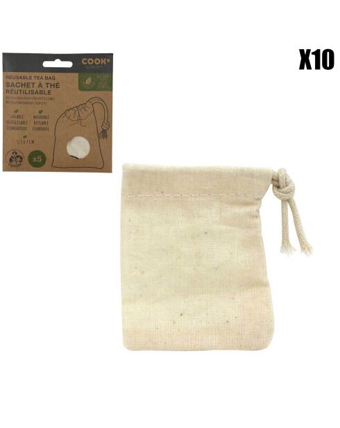 10 beigefarbene, wiederverwendbare Teebeutel, 6,5 x 9 cm