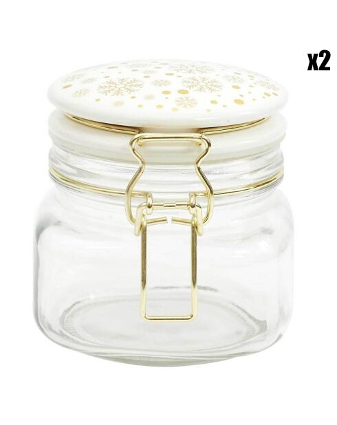 2 Bocaux en verre couvercle en Céramique blanc/doré - 13.2x11.3x10.8 cm