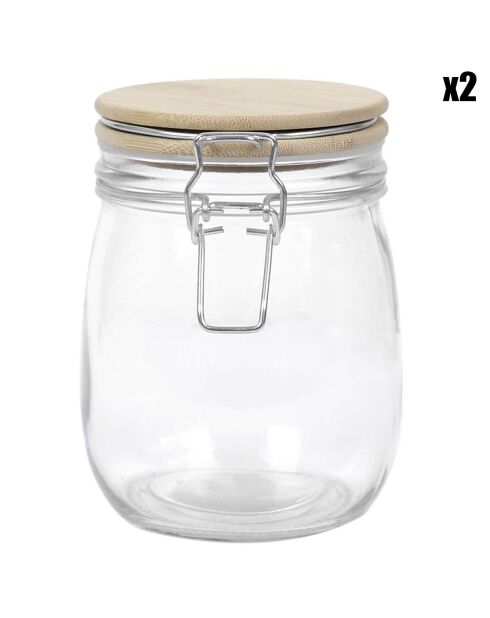 2 Bocaux de conservation couvercle bambou transparent - 75 cl