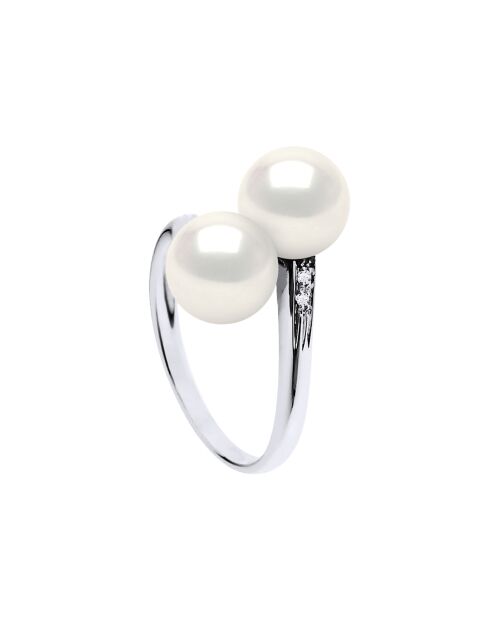 Bague Toi & Moi Or Blanc, Diamants (0.02 ct) & Perles de Culture d'Eau Douce rondes blanches