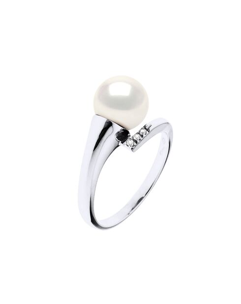 Bague Or Blanc, Diamants (0.02 ct) & Perle de Culture d'Eau Douce ronde blanche