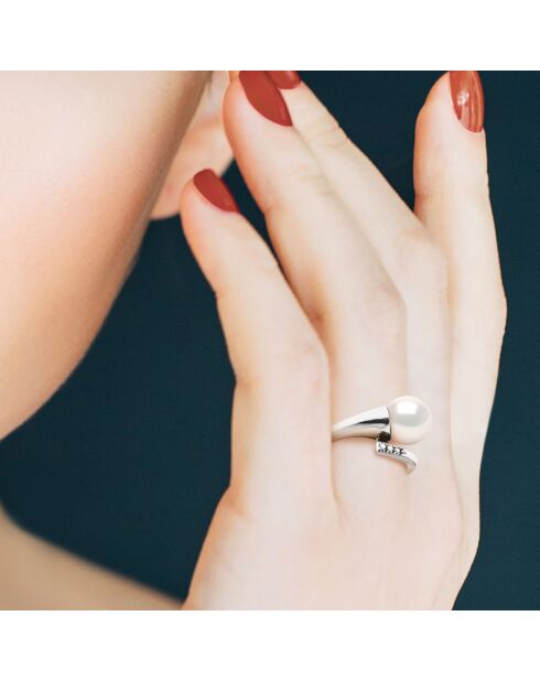 Bague Or Blanc, Diamants (0.02 ct) & Perle de Culture d'Eau Douce ronde blanche
