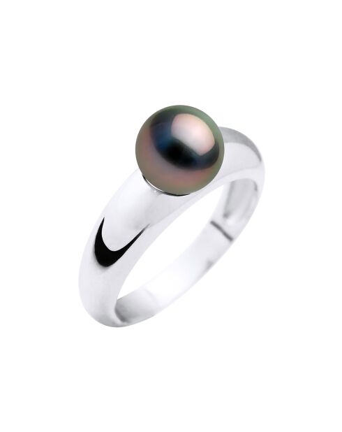Bague Jonc Bombé Or Blanc & Perle de Culture de Tahiti ronde noire