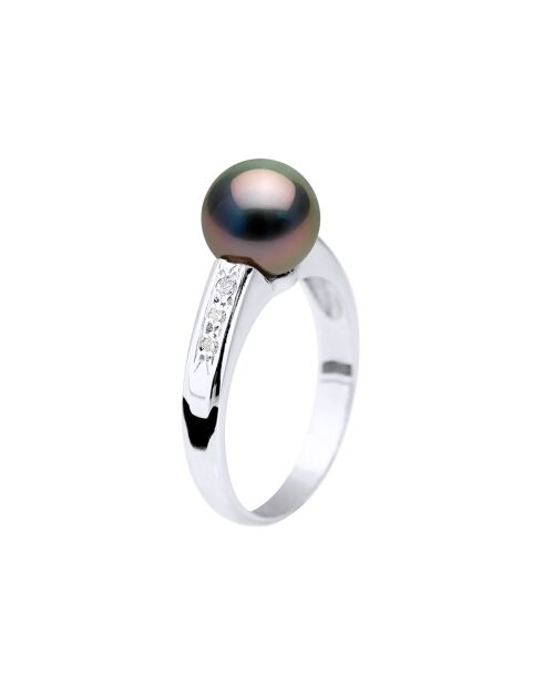 Bague Or Blanc Diamants (0.06 ct) & Perle de Culture de Tahiti ronde noire