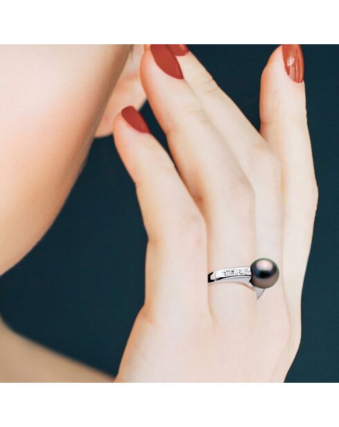 Diamantring aus Weißgold (0,06 ct) und schwarze runde Tahiti-Zuchtperle