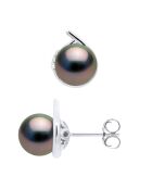 Witgouden oorbellen, diamanten (0,06 ct) en ronde zwarte Tahitiaanse gekweekte parels