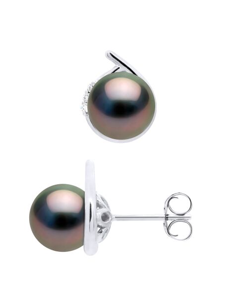 Witgouden oorbellen, diamanten (0,06 ct) en ronde zwarte Tahitiaanse gekweekte parels