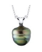 Pendentif Bélière en V Or Blanc & Perle de Culture de Tahiti cerclée gris/vert