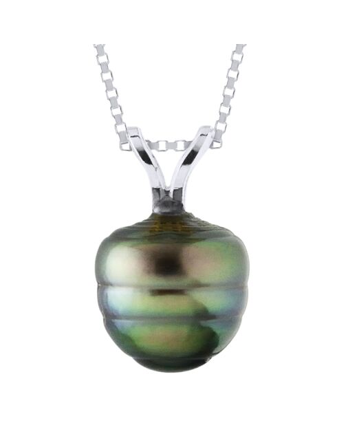 Pendentif Bélière en V Or Blanc & Perle de Culture de Tahiti cerclée gris/vert
