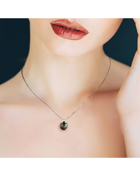 Pendentif Bélière en V Or Blanc & Perle de Culture de Tahiti cerclée gris/vert