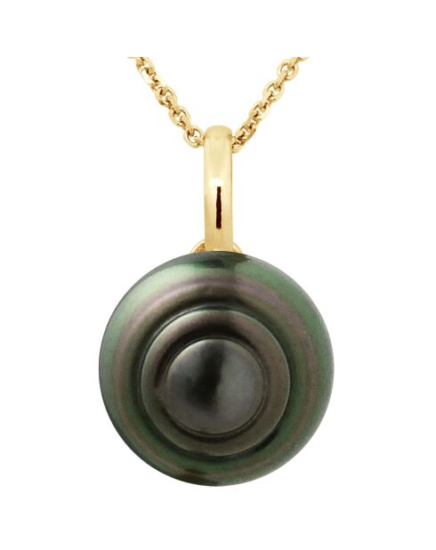 Anhänger aus Gelbgold mit Tahiti-Zuchtperle, umgeben von schwarzem Tahiti