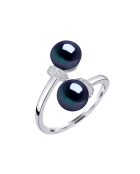 Bague Toi & Moi Argent et Perles d'Eau Douce boutons noires