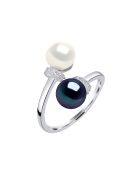 Bague Toi & Moi Argent et Perles d'Eau Douce boutons blanc/noir