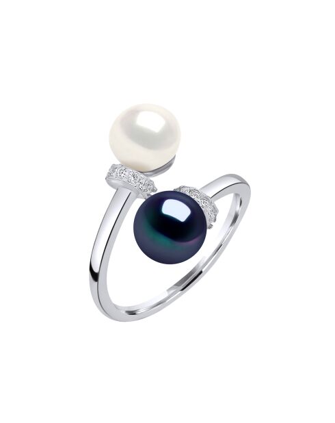 Bague Toi & Moi Argent et Perles d'Eau Douce boutons blanc/noir