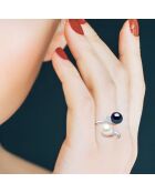 Bague Toi & Moi Argent et Perles d'Eau Douce boutons blanc/noir