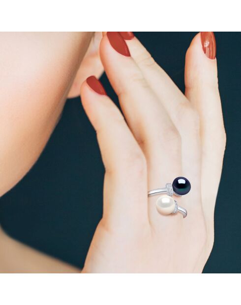 Bague Toi & Moi Argent et Perles d'Eau Douce boutons blanc/noir