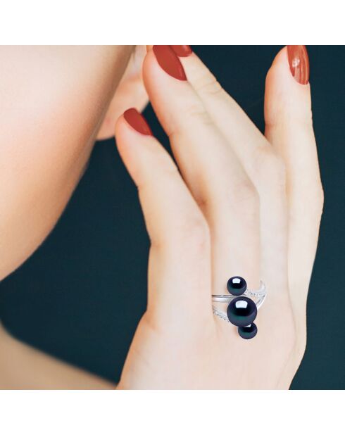 Bague Trilogy Argent & Perles d'Eau Douce boutons noires