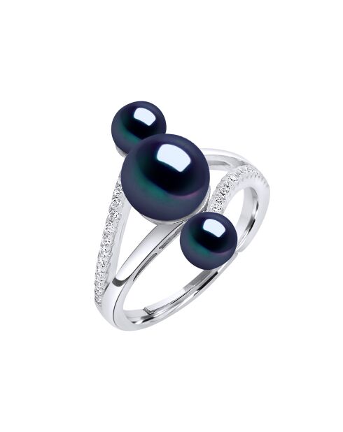 Bague Trilogy Argent & Perles d'Eau Douce boutons noires