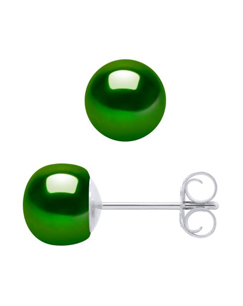 Boucles d'oreilles Argent & Perles d'Eau Douce boutons vert foncé