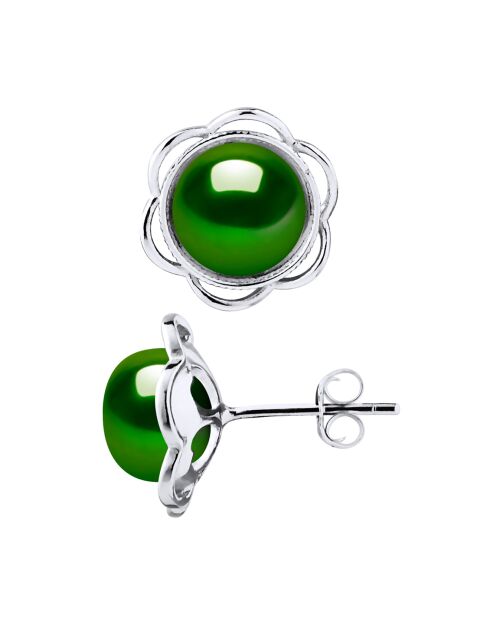 Boucles d'oreilles Argent & Perles d'Eau Douce boutons vertes