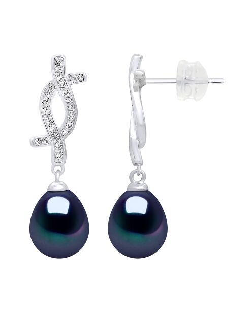 Boucles d'oreilles pendantes Argent & Perles d'Eau Douce poires noires