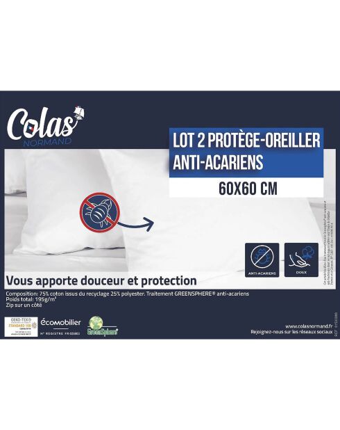 2 Protège-oreillers anti-acariens & anti-bacteriens blancs