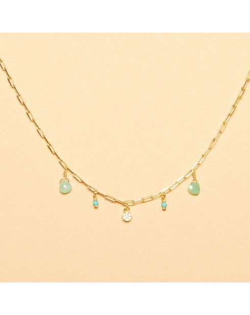 Collier Pampilles en Argent doré à l'Or fin, Chrysoprase & Turquoise