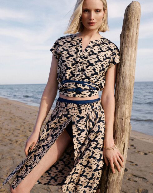 Bedrucktes Top Paulane in Marineblau/Beige