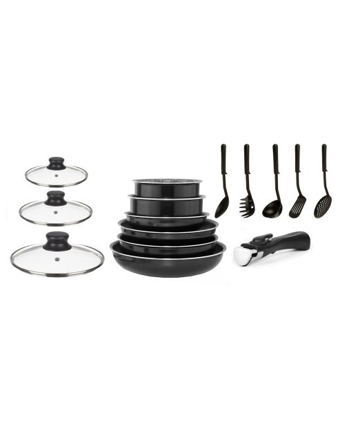 Batterie de cuisine amovible induction noire - 15 pièces
