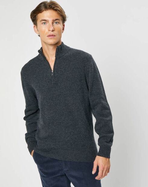 Pull 100% Laine d'agneau zippé gris foncé