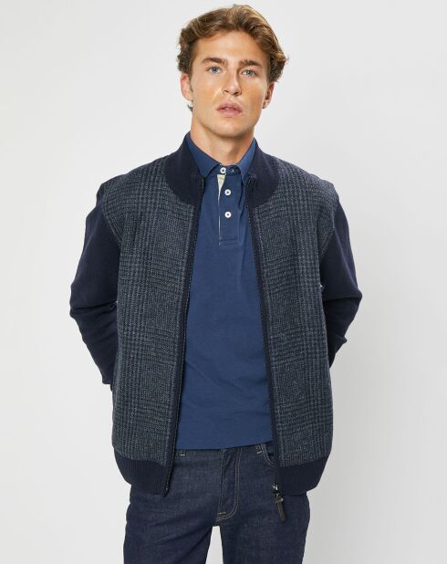 Blouson 100% Laine Tricot imprimé Prince de Galles bleu marine