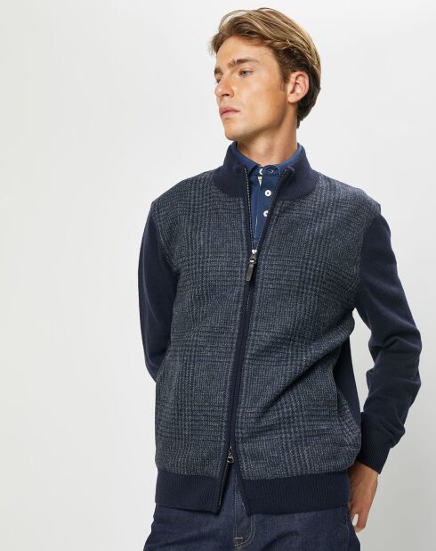 Blouson 100% Laine Tricot imprimé Prince de Galles bleu marine