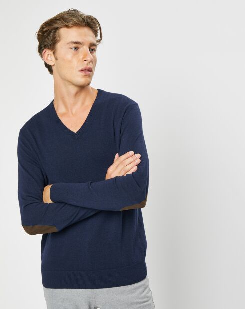 Pull en Laine & cachemire mélangés col V bleu marine