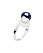 Bague Toi & Moi Or Blanc & 2 Perles de Culture d'Eau Douce Rondes blanc naturel/noir