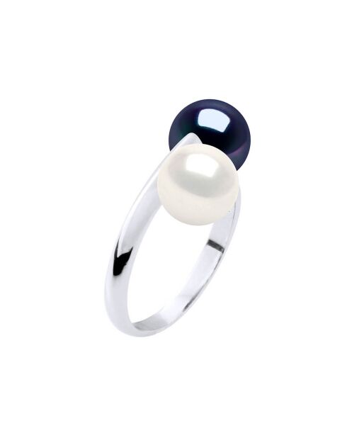 Bague Toi & Moi Or Blanc & 2 Perles de Culture d'Eau Douce Rondes blanc naturel/noir