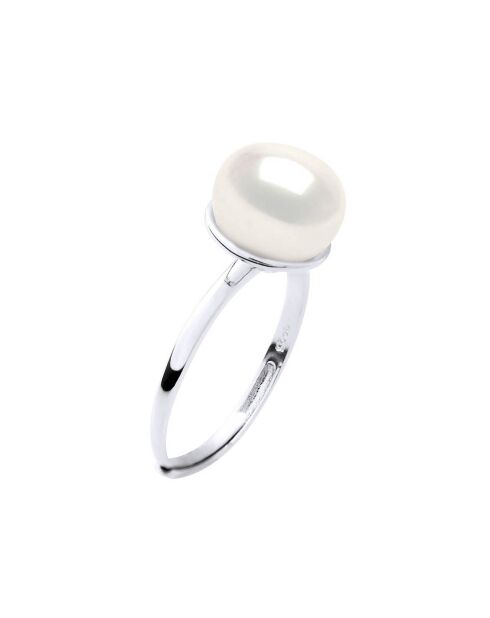 Bague Chevalière Argent Rhodié & Perle de Culture d'Eau Douce Bouton blanc naturel