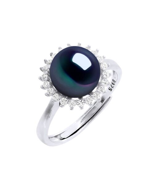 Bague Ajustable Argent Rhodié & Perle de Culture d'Eau Douce Bouton noire