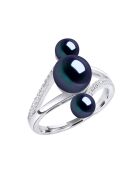 Anello Trilogy in argento rodiato e 3 bottoni neri con perle coltivate d'acqua dolce