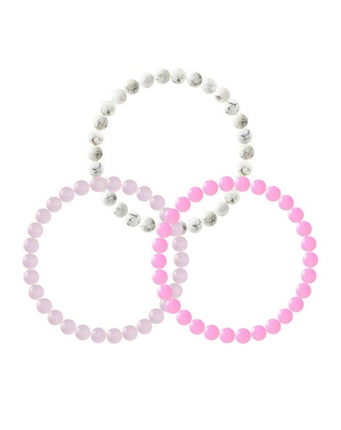 3 braccialetti portafortuna in quarzo rosa, agata rosa e howlite bianca