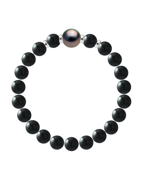 Herrenarmband aus Silber, runde Tahiti-Zuchtperle und glänzender schwarzer Onyx