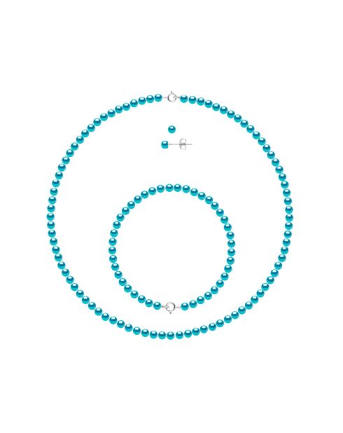Parure Collier + Bracelet + Boucles d'Oreilles Argent Rhodié & Perles d'Eau Douce Rondes turquoise