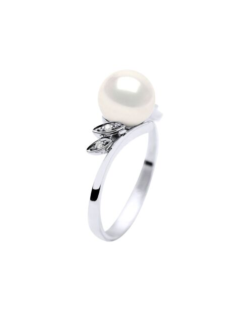 Bague Or Blanc, Diamants 0.04 ct & Perle de Culture d'Eau Douce blanc naturel