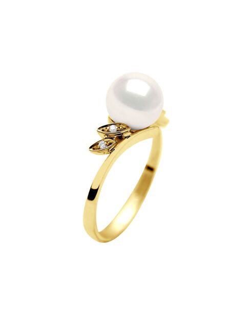 Bague Or Jaune, Diamants 0.04 ct & Perle de Culture d'Eau Douce Ronde blanc naturel