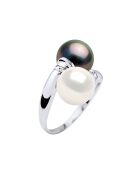 Bague Or Blanc, Diamants 0.06 ct & Perles de Culture d'Eau Douce et Tahiti Rondes